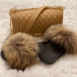 Women fur slides and jelly bag